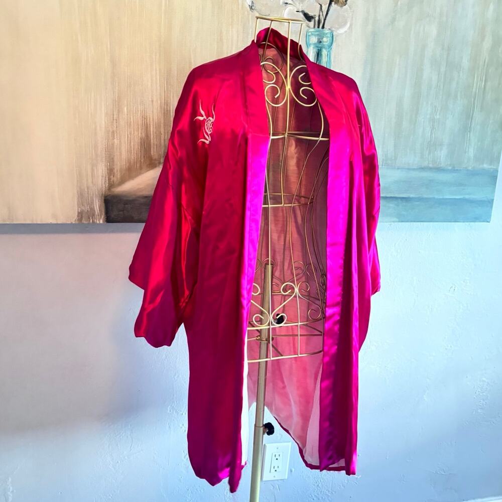 Dragon Embroidered Satin Kimono Robe Fuchsia Japanese Style Haori Unisex - Picture 3 of 8